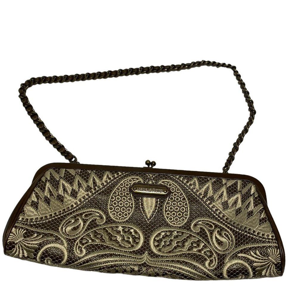 ISABELLA FIORE TERRY LAVISH EMBROIDERED KISS LOCK BROWN clutch shoulder bag